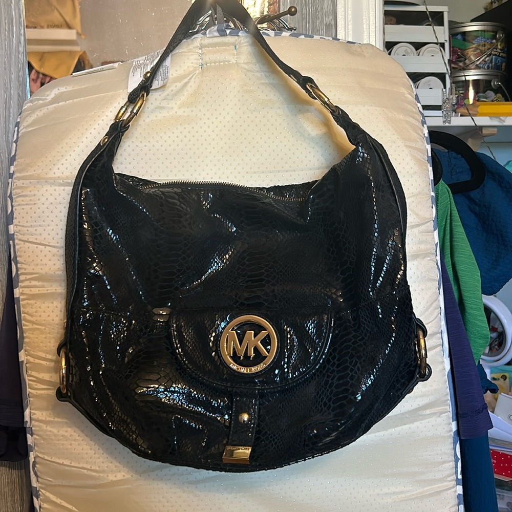 Michael Kors hobo black snake skin embossed leather gold hardware